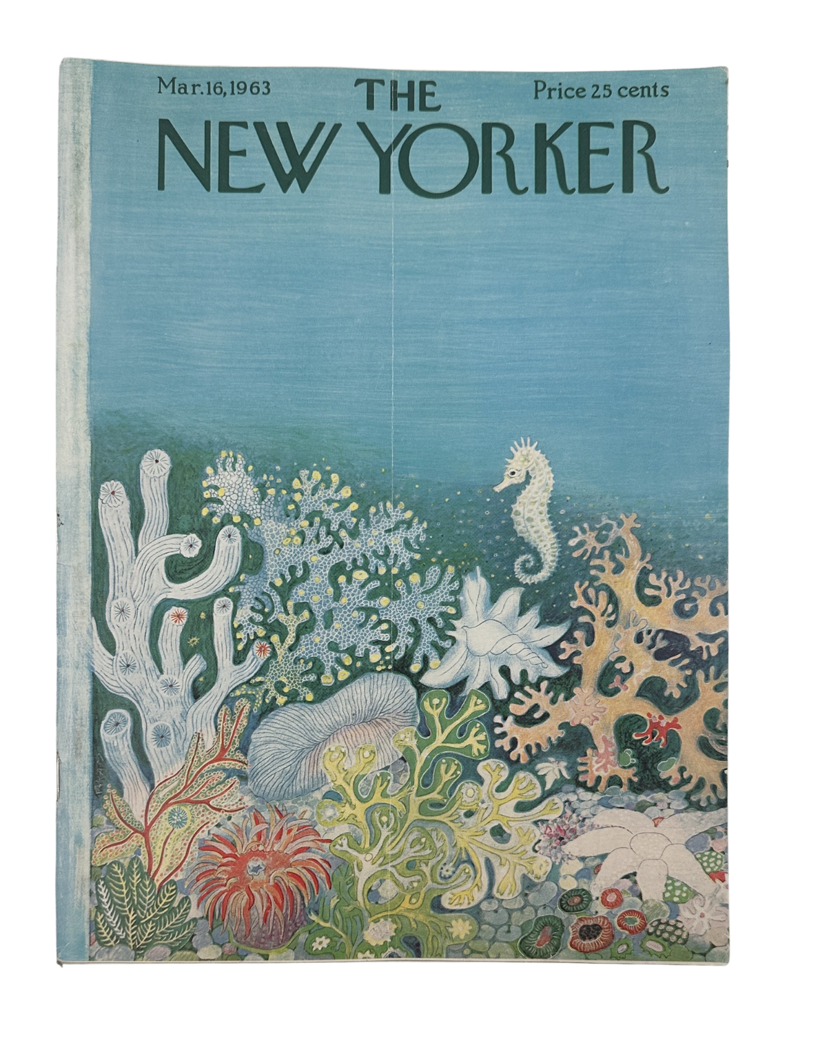 The New Yorker Magazine March 16, 1963 Coral Reef Seahorse Ilonka Karasz Cover, complete front cover featuring an underwater coral reef scene with a seahorse and marine life.