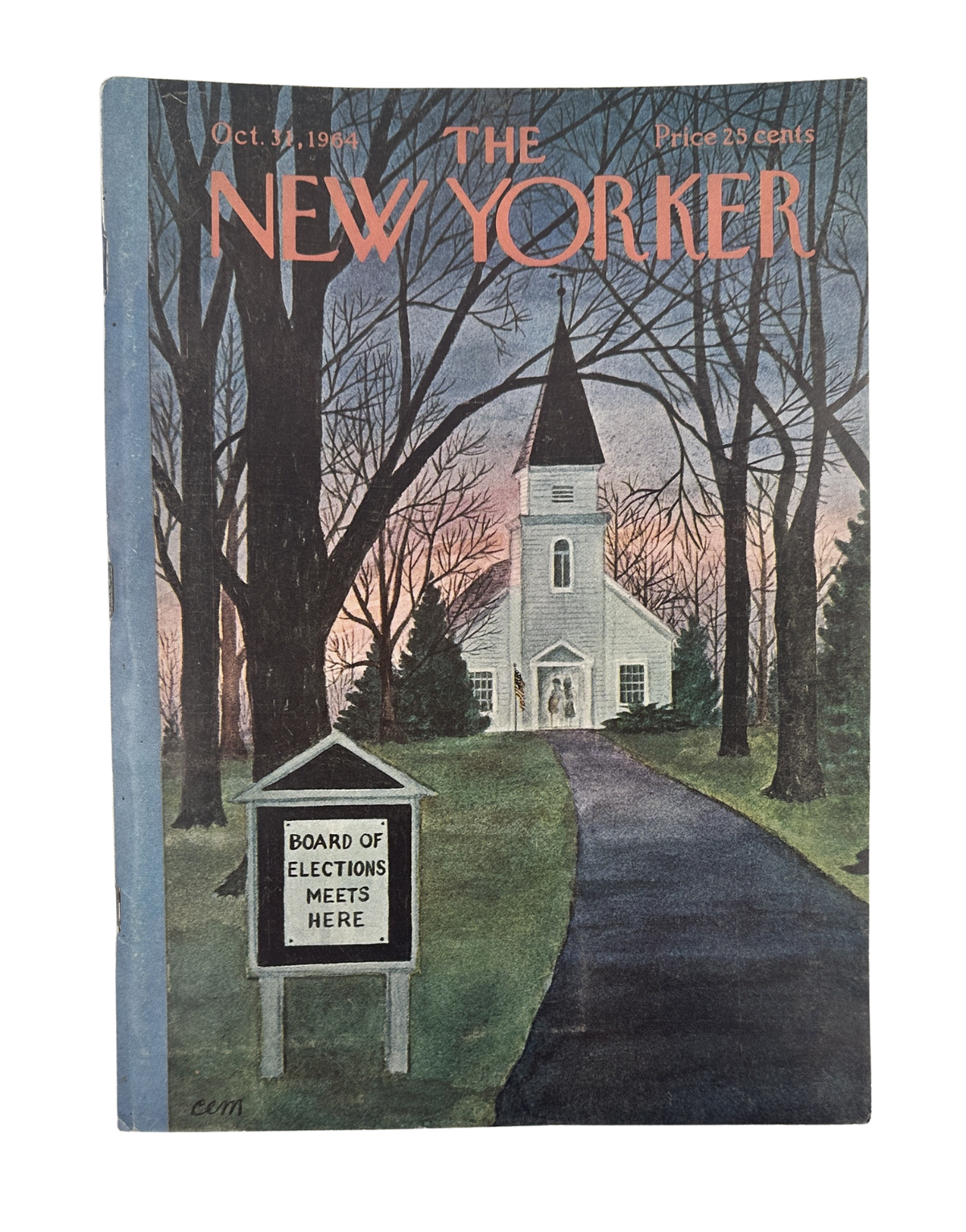 The New Yorker Magazine October 31, 1964 Election Board Church Charles Martin Cover, showing a church, wooded landscape, and election board sign on the vintage front cover.