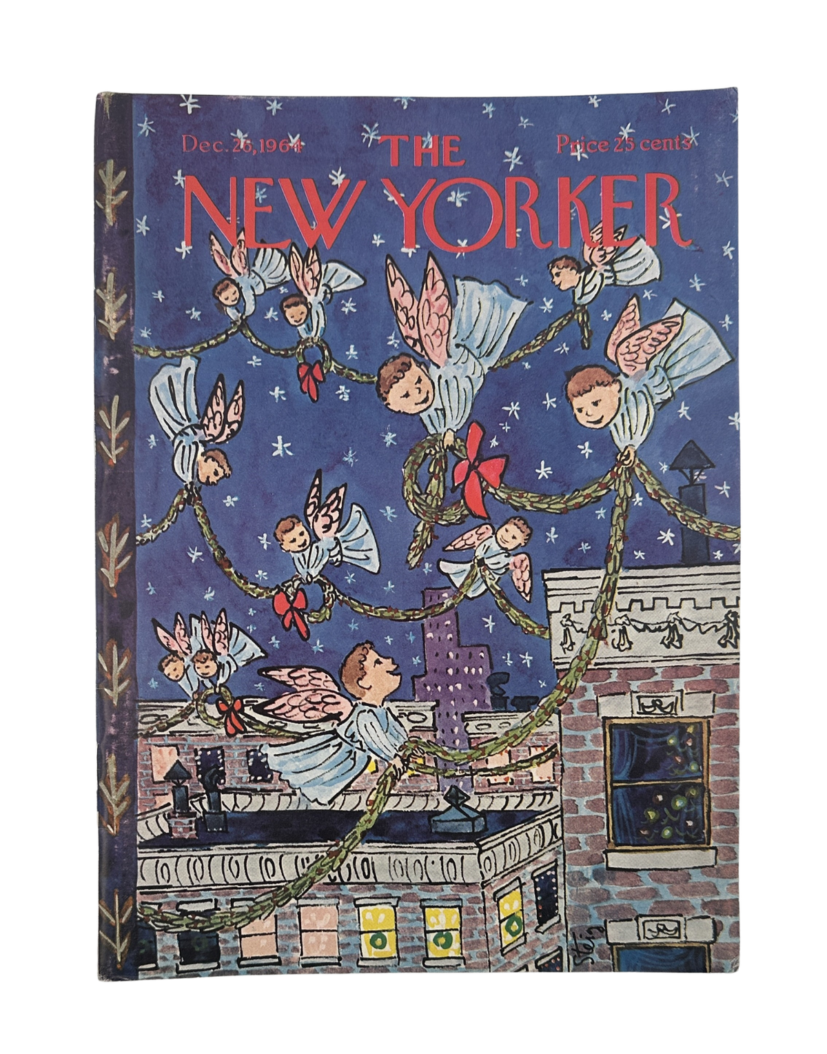 The New Yorker Magazine December 26, 1964 Christmas Angels Rooftop William Steig Cover, featuring illustrated angels decorating a rooftop Christmas scene beneath the New Yorker masthead.
