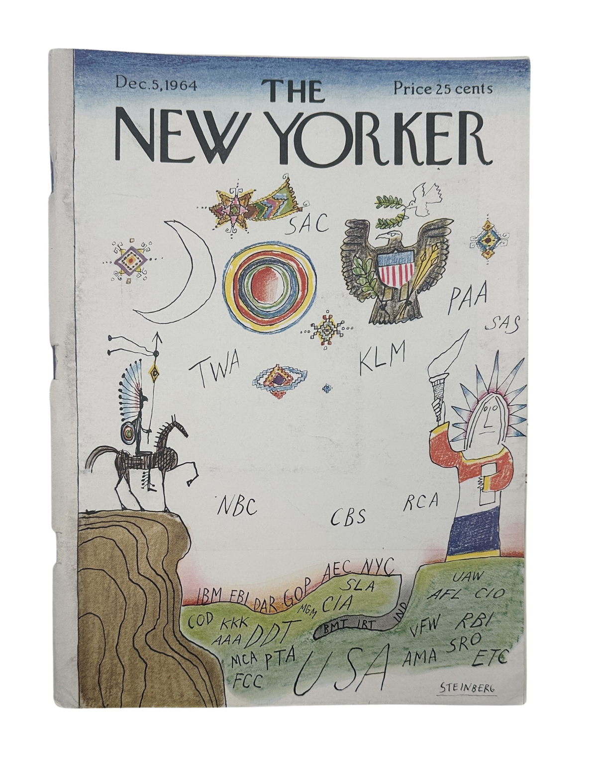 The New Yorker Magazine December 5, 1964 USA Acronyms Saul Steinberg Cover, featuring a vintage illustrated cover with colorful symbols, acronyms, and the New Yorker masthead.