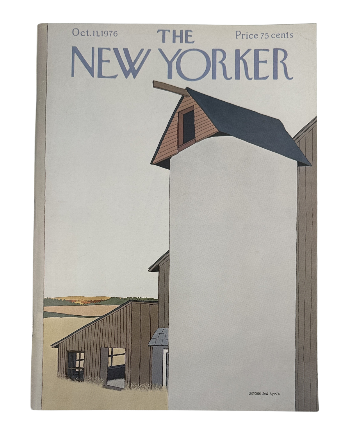 The New Yorker Magazine October 11, 1976 Rural Barn Silo Farm Gretchen Dow Simpson VG, featuring a minimalist illustrated rural farm scene with barns and a silo on the cover.