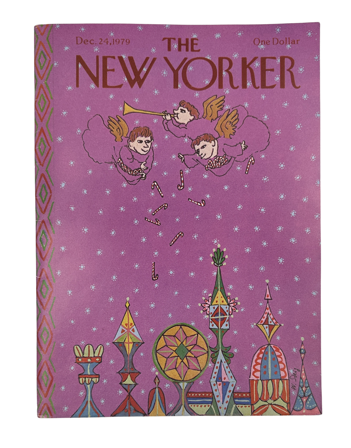 The New Yorker Magazine December 24, 1979 Christmas Angels Candy Canes William Steig VG, vintage purple Christmas cover featuring flying angels, candy canes, and colorful geometric decorations