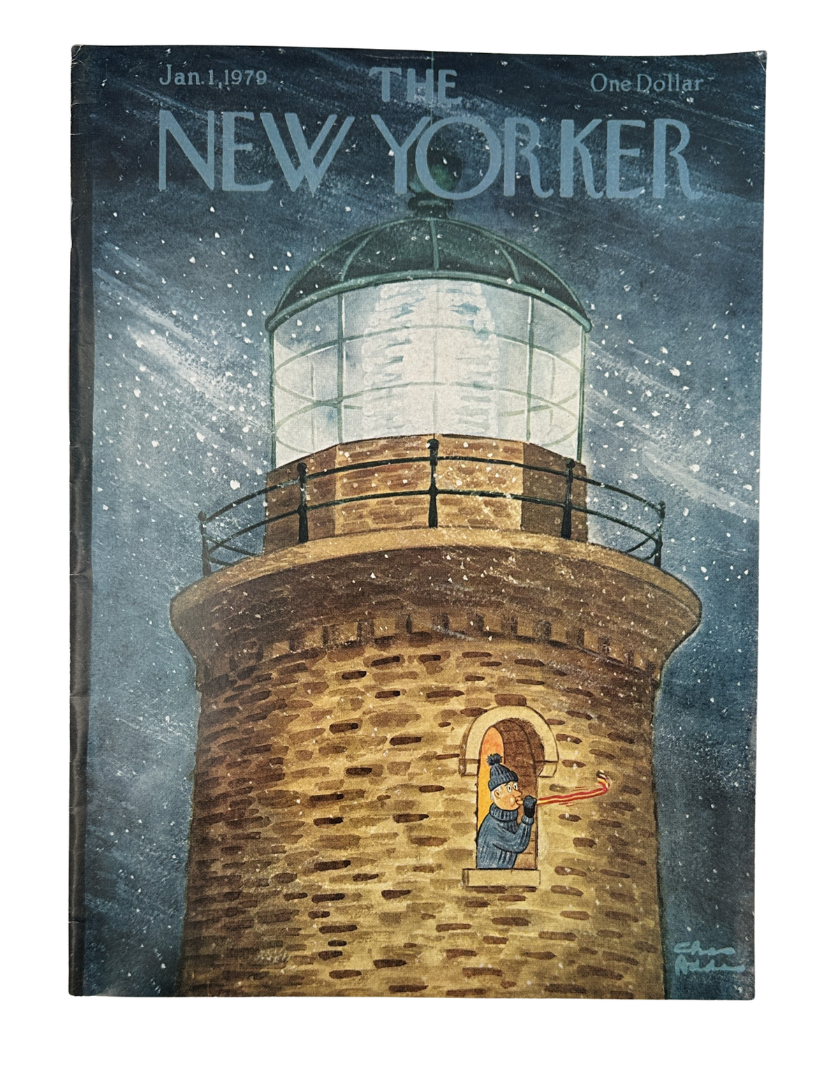 The New Yorker Magazine January 1, 1979 Snowy Lighthouse New Year Charles Addams VG, vintage cover featuring a snow-covered lighthouse, falling snow, and a figure at the lighthouse door