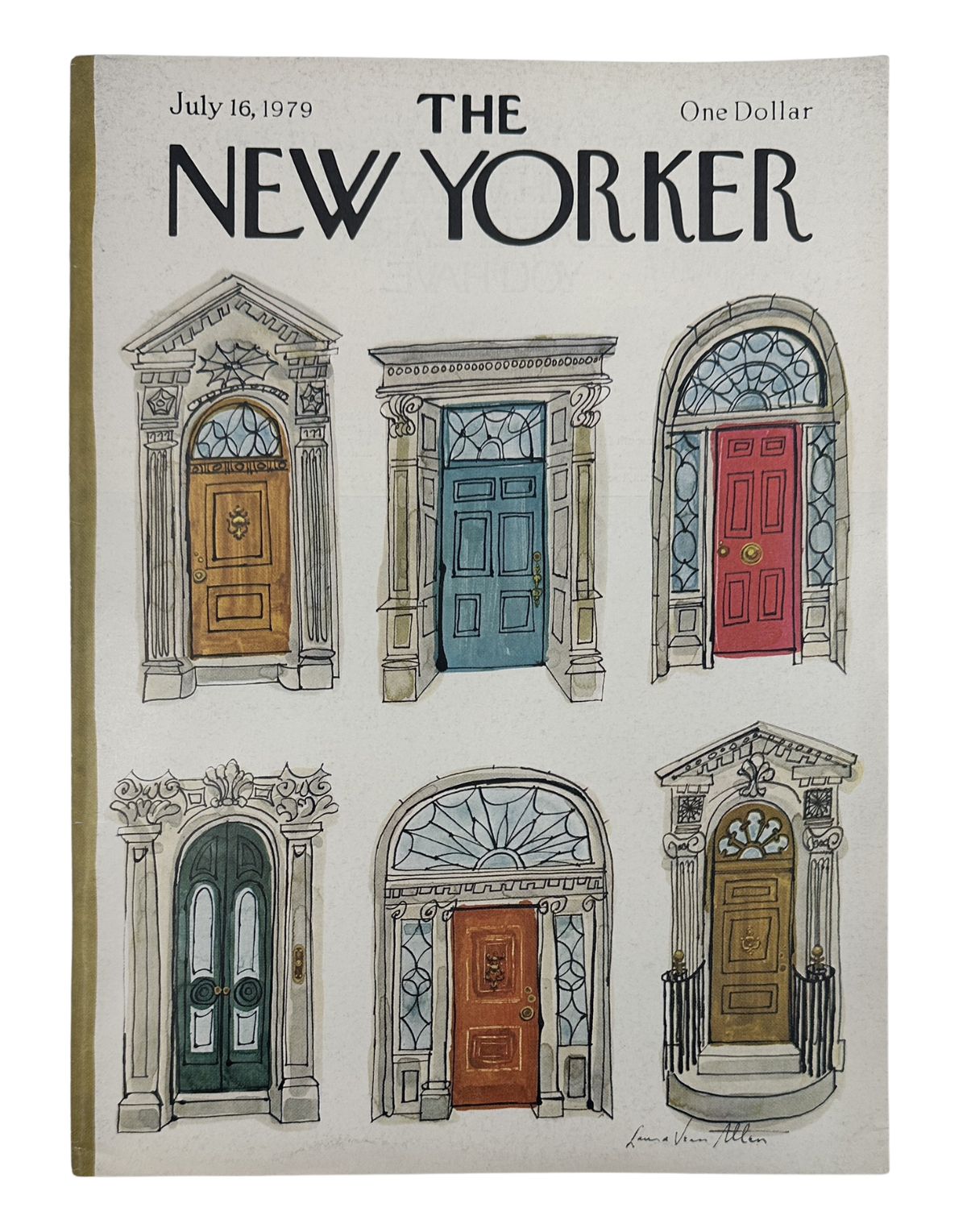 The New Yorker Magazine July 16, 1979 Ornate Colorful Doorways Laura Jean Allen Cover VG, featuring six illustrated ornate doorways in brown, blue, red, green, and gold.