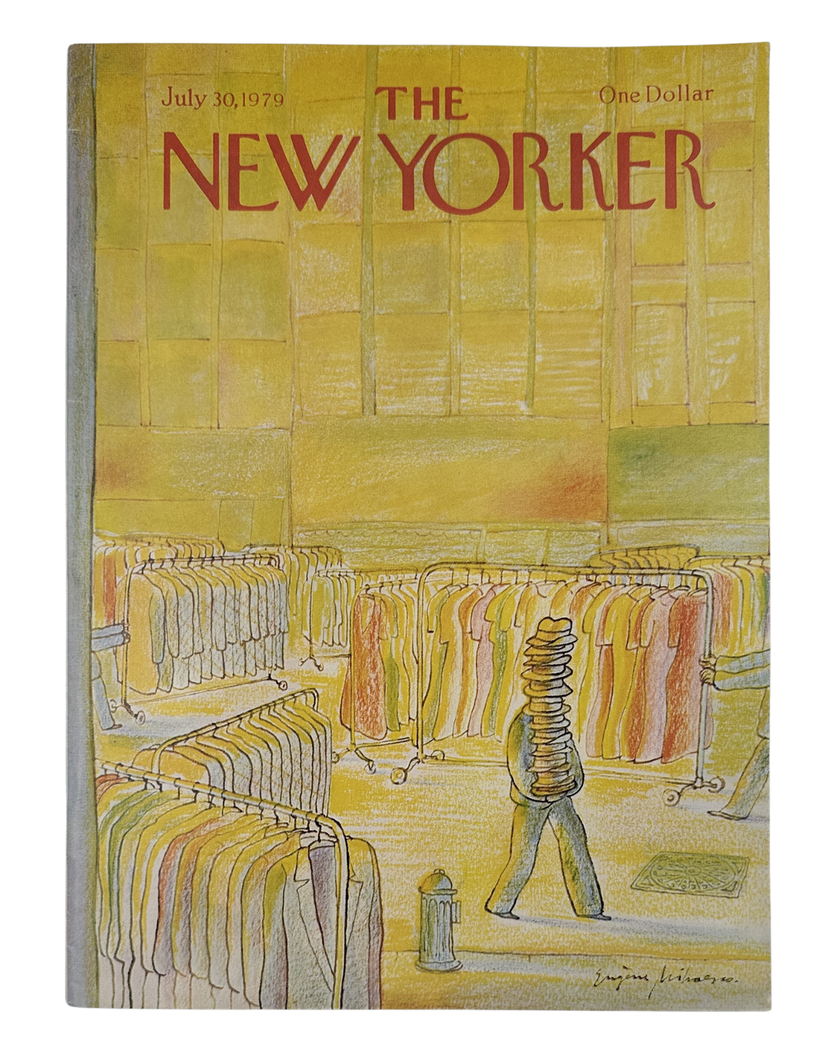 The New Yorker Magazine July 30, 1979 Yellow Clothing Racks Eugène Mihaesco Cover VG, front cover featuring illustrated yellow clothing racks and a shopper browsing garments.