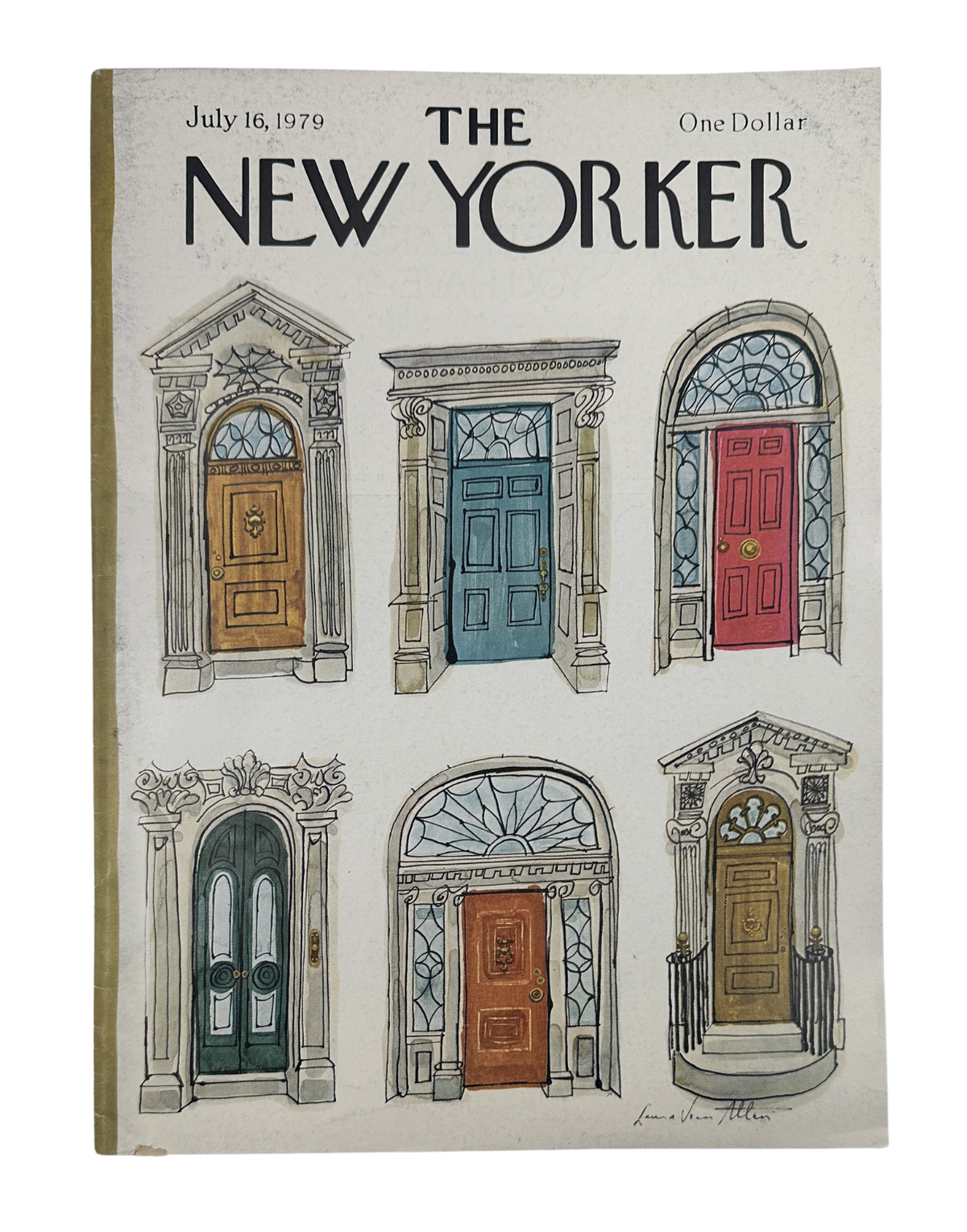 The New Yorker Magazine July 16, 1979 Colorful Townhouse Doors Laura Jean Allen Cover, featuring six illustrated architectural townhouse doors in brown, blue, red, and green.