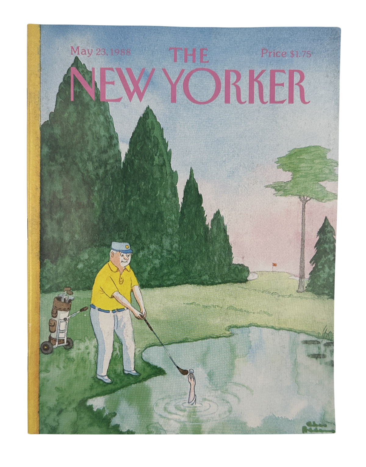 The New Yorker Magazine May 23, 1988 Golf Pond Charles Addams Cover VG, front cover showing a golfer fishing in a pond with a caddie nearby.