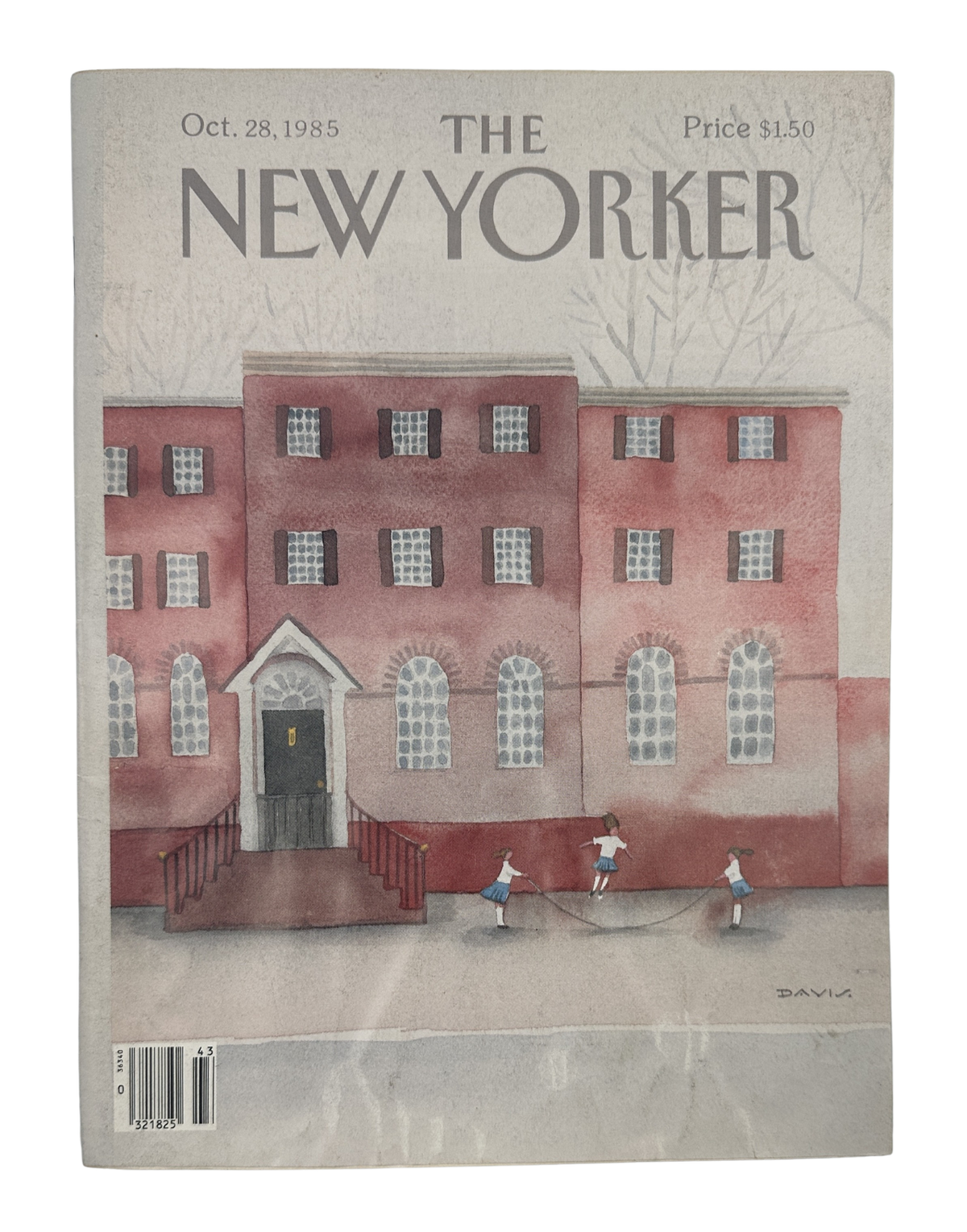 The New Yorker Magazine October 28, 1985 Girls Jump Rope Brownstone Susan Davis VG front cover featuring children jumping rope in front of a red brick brownstone illustration
