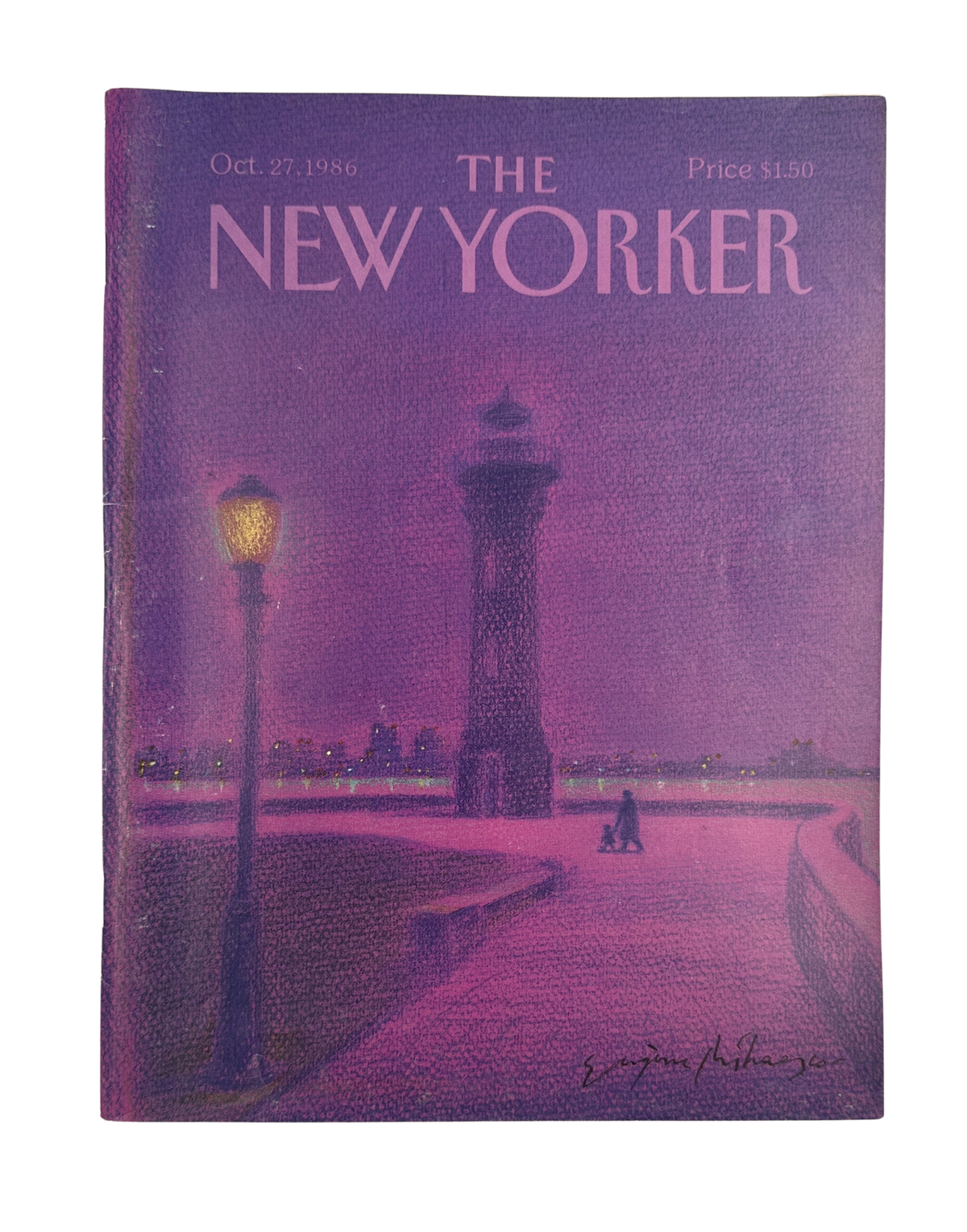 The New Yorker Magazine October 27, 1986 Purple Airport Tower Night Eugène Mihaesco VG, featuring the purple-toned illustrated cover with an airport control tower, streetlamp, and nighttime scene.