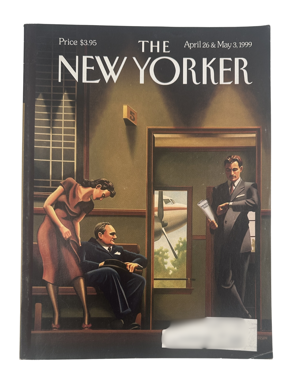 The New Yorker Magazine April 26 & May 3, 1999 Money Issue Waiting Room R. Kenton Nelson Cover, featuring a woman leaning over a seated man and a suited attendant in a hotel or waiting room interior.