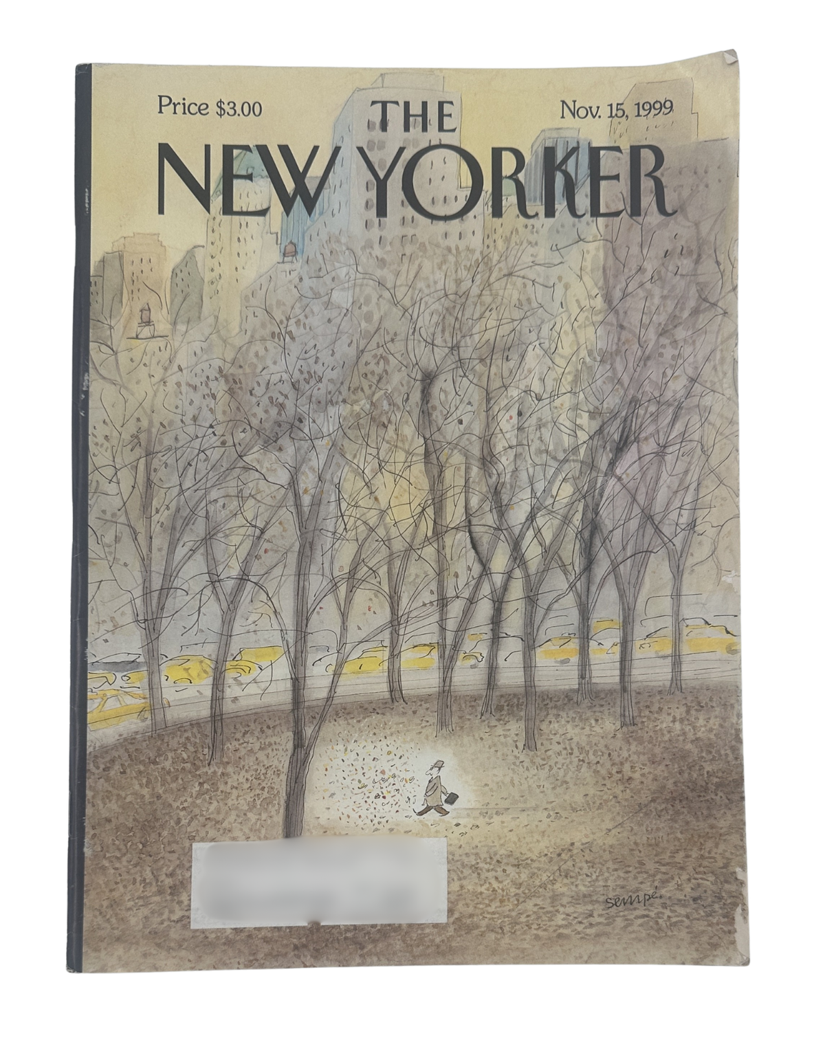 The New Yorker Magazine November 15, 1999 Central Park Fall Leaves J. J. Sempé Cover, front cover featuring an illustrated autumn scene in Central Park with trees and falling leaves.