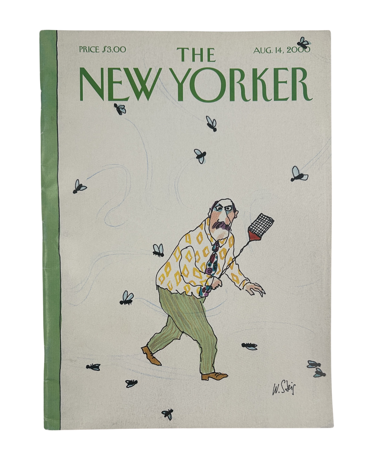 The New Yorker Magazine August 14, 2000 Fly Swatter William Steig Cover VG, featuring an illustrated man swatting flies on the front cover.