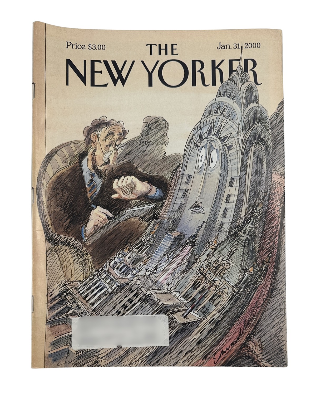 The New Yorker Magazine January 31, 2000 Man Watches Chrysler Building Edward Sorel Cover VG, featuring the illustrated New York City cover with a man viewing the Chrysler Building.