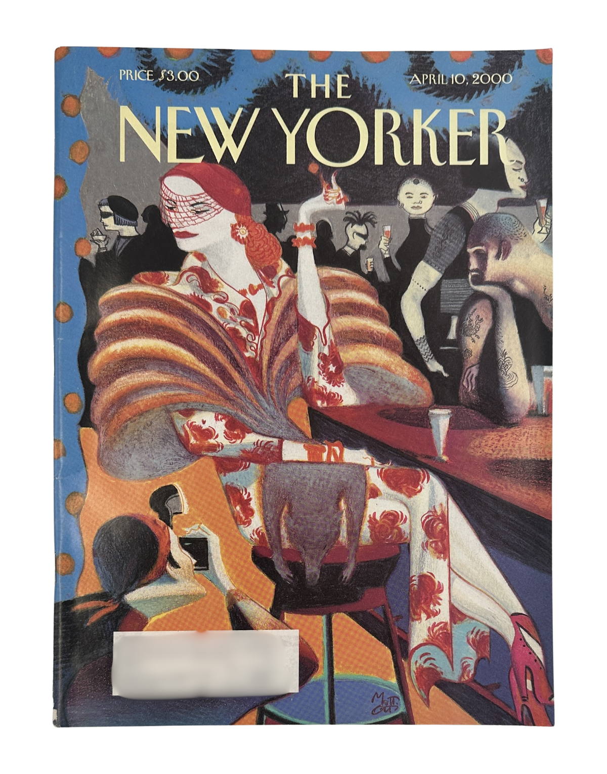 The New Yorker Magazine April 10, 2000 Nightlife Bar Party Lorenzo Mattotti Cover VG, featuring an illustrated nightclub scene with stylish partygoers, drinks, and vivid warm colors.