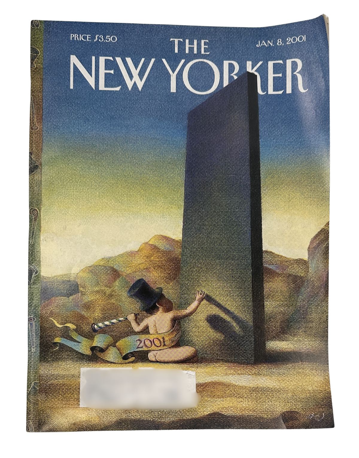 The New Yorker Magazine January 8, 2001 New Year Monolith Raul Colón Cover, vintage magazine front cover featuring a tall dark monolith in a desert landscape with figures and colorful hills.