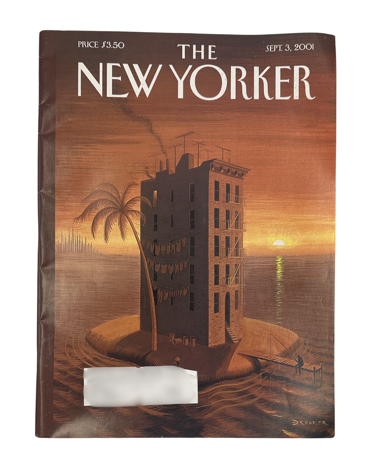 The New Yorker Magazine September 3, 2001 Island Sunset Eric Drooker Cover, featuring a tenement building on a small island at sunset with a palm tree and ocean view.