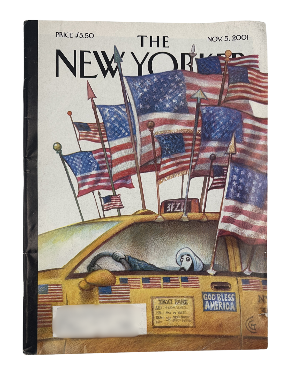 The New Yorker Magazine November 5, 2001 American Flags Taxi Carter Goodrich Cover, featuring illustrated American flags displayed on a New York City taxi.