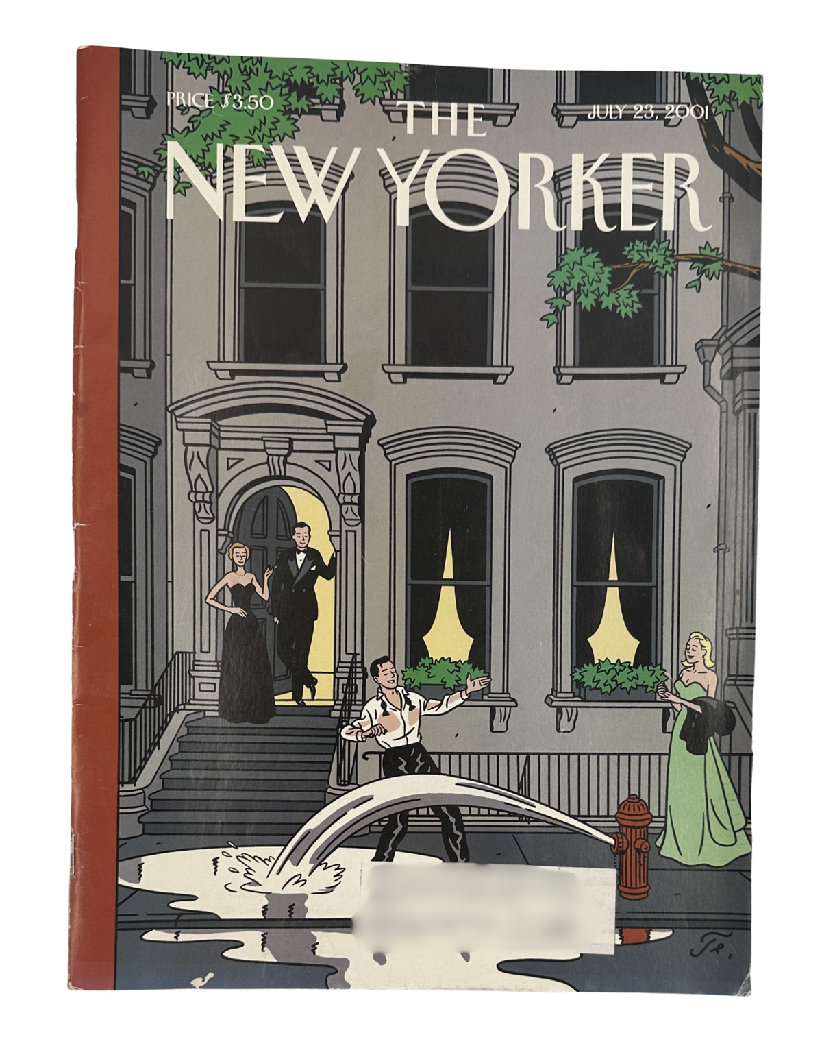 The New Yorker Magazine July 23, 2001 Upper West Side Story Floc’h Cover featuring an illustrated New York City townhouse, fountain, and residents on the Upper West Side
