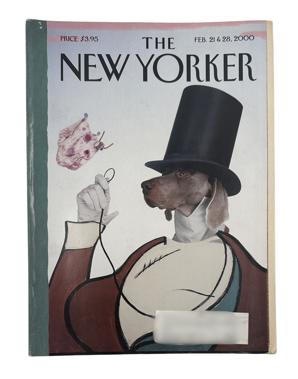 The New Yorker Magazine February 21 & 28, 2000 Dog Top Hat William Wegman Cover, featuring an illustrated dog wearing a tall black top hat and holding a butterfly net.