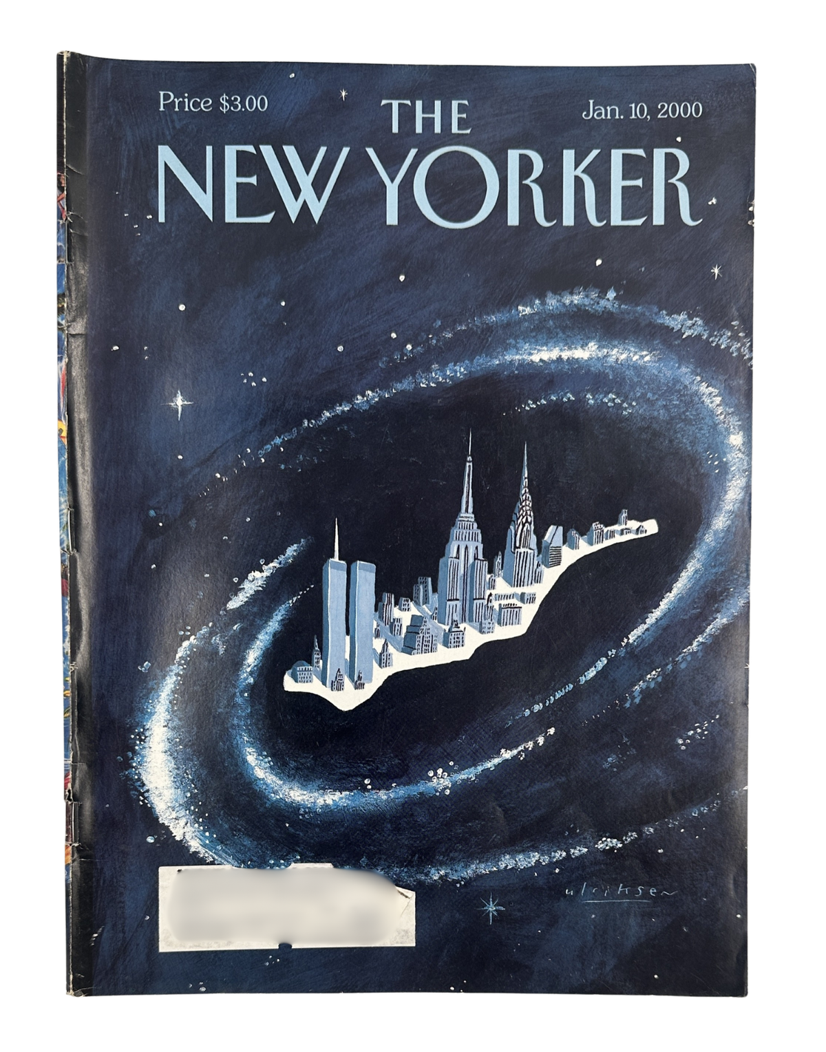 The New Yorker Magazine January 10, 2000 NYC Skyline Galaxy Mark Ulriksen Cover, featuring a stylized New York City skyline floating in a starry galaxy