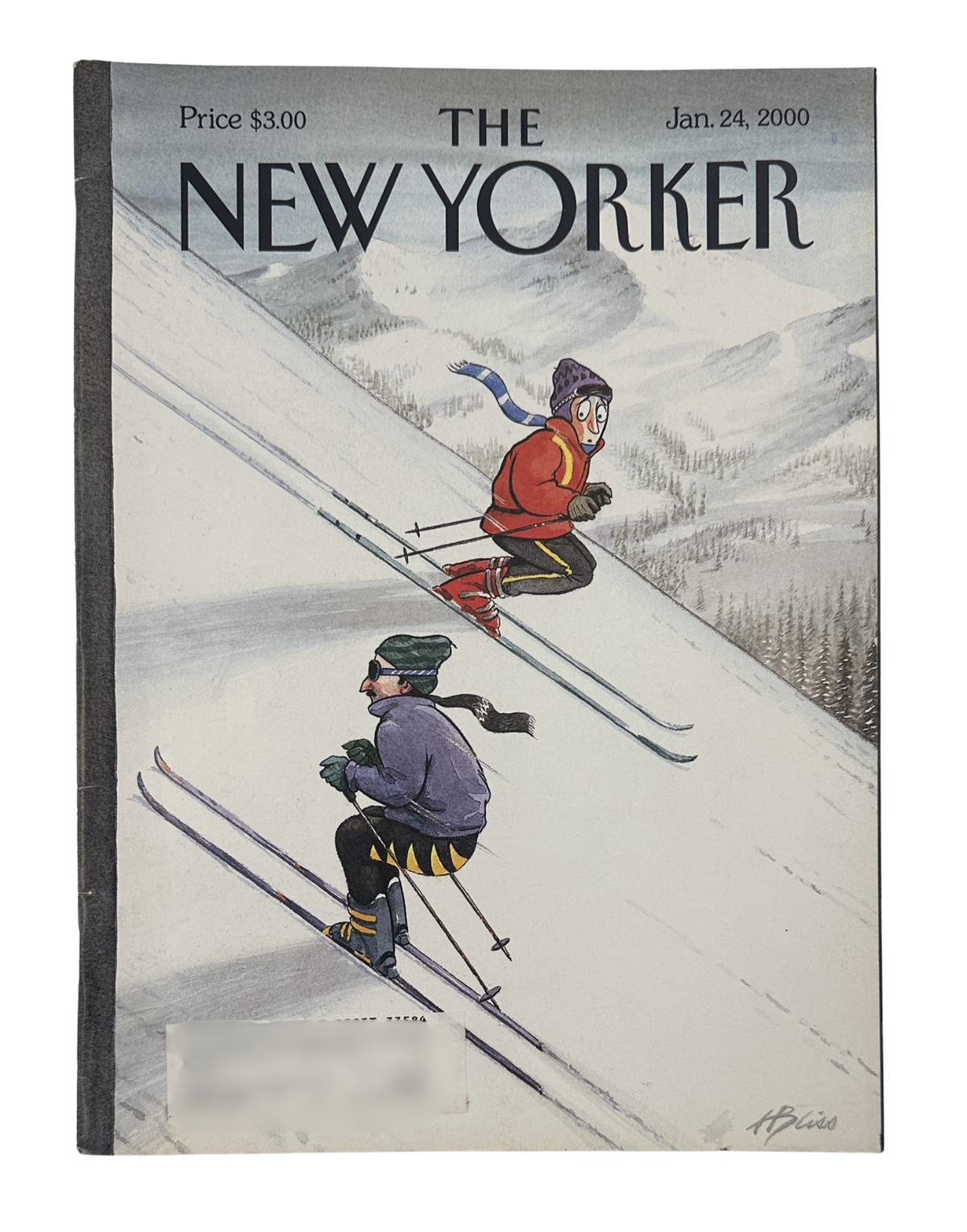 The New Yorker Magazine January 24, 2000 Up the Down Slope Harry Bliss Cover, featuring an illustrated skier descending a snowy mountain slope.