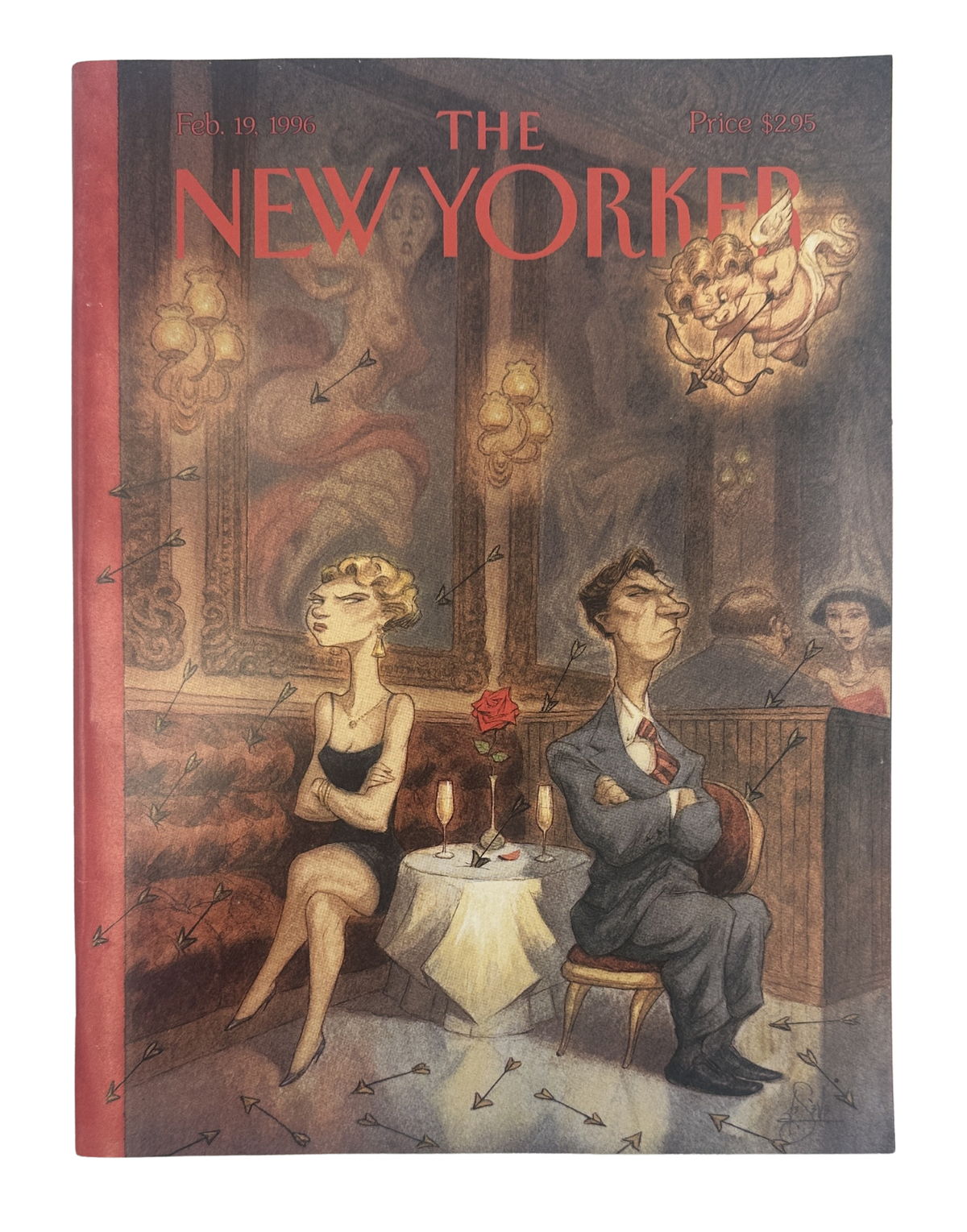 The New Yorker Magazine February 19, 1996 Cupid Arrows Restaurant Peter de Sève Cover VG, featuring the illustrated Cupid’s Volley restaurant cover with seated diners and arrows.