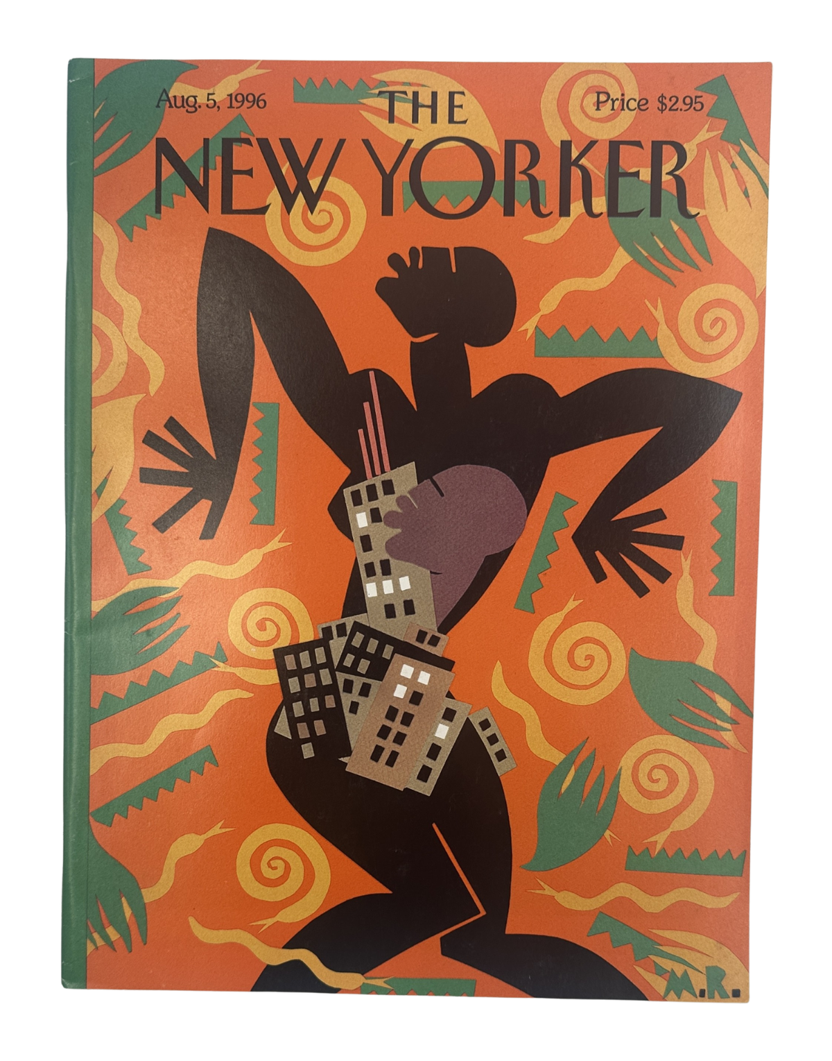 The New Yorker Magazine August 5, 1996 Olympic City Silhouette Michael Roberts Cover VG, featuring a colorful abstract Olympic-themed cover illustration with a silhouetted athlete and city buildings.