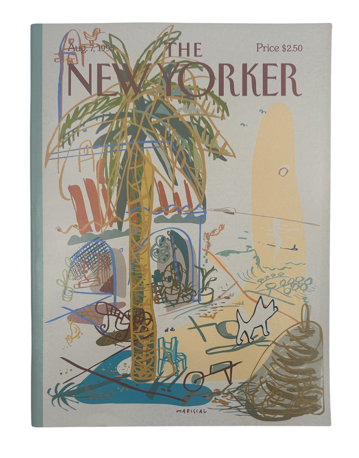 The New Yorker Magazine August 7, 1995 Tropical Beach House Palm Tree Mariscal Cover VG, full front cover featuring an illustrated tropical beach scene with a palm tree, patio furniture, pool, and beach umbrella.