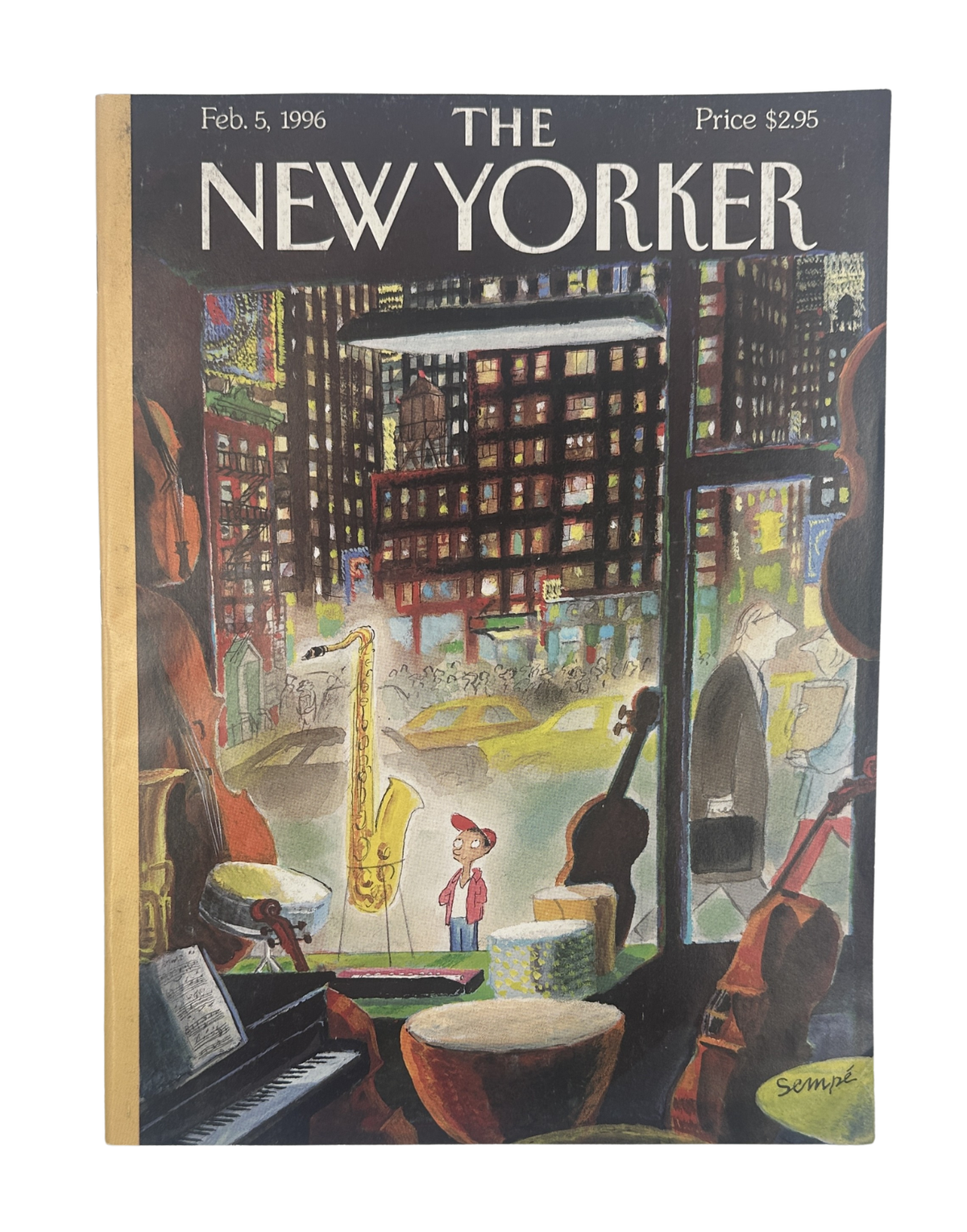 The New Yorker Magazine February 5, 1996 Jazz Music City Night J. J. Sempé Cover VG, featuring an illustrated nighttime city street with jazz musicians, musical instruments, and a brightly lit building.