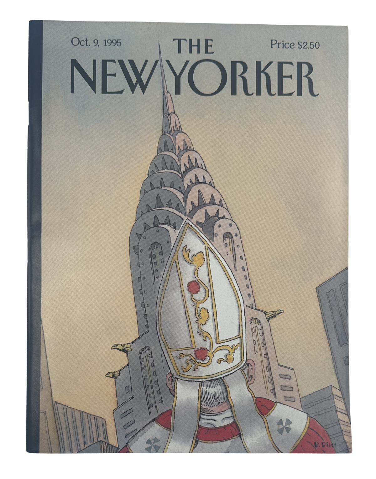 The New Yorker Magazine October 9, 1995 Pope Chrysler Building Barry Blitt Cover VG, featuring an illustrated Pope in front of the Chrysler Building on the front cover.