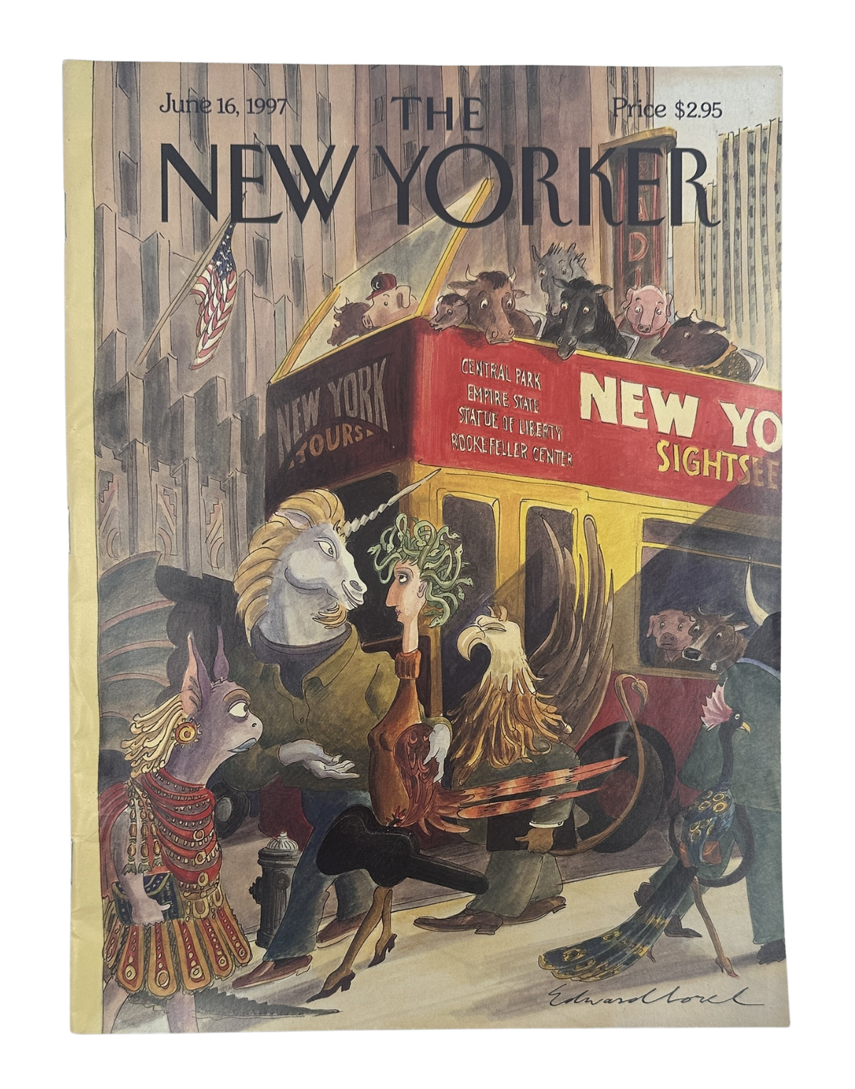 The New Yorker Magazine June 16, 1997 Animal Sightseeing Bus Edward Sorel Cover VG, illustrated cover showing dressed animals riding a sightseeing bus through New York City.