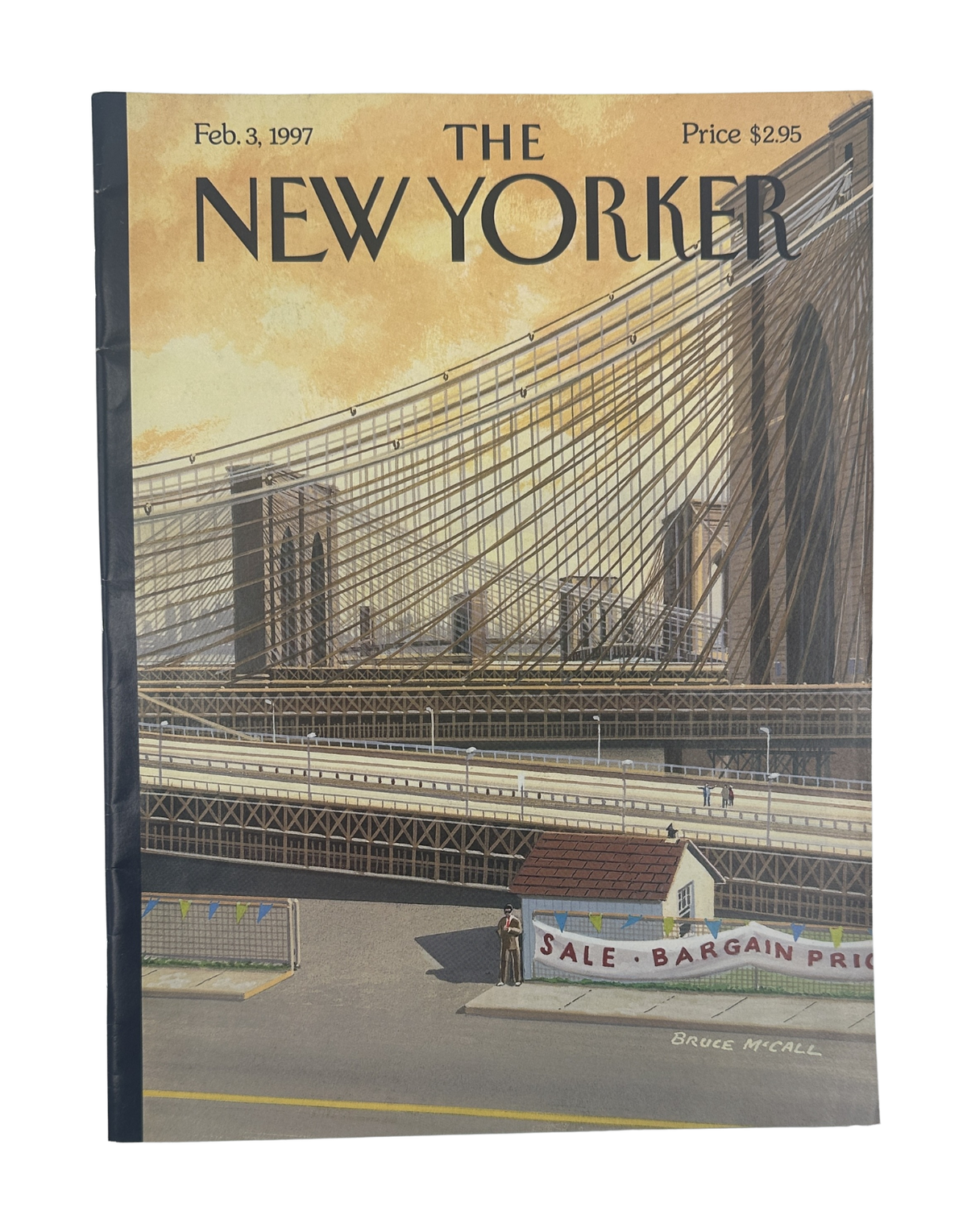 The New Yorker Magazine February 3, 1997 Brooklyn Bridge Sale Bruce McCall Cover VG, featuring an illustrated Brooklyn Bridge scene and sale bargain price sign on the cover.