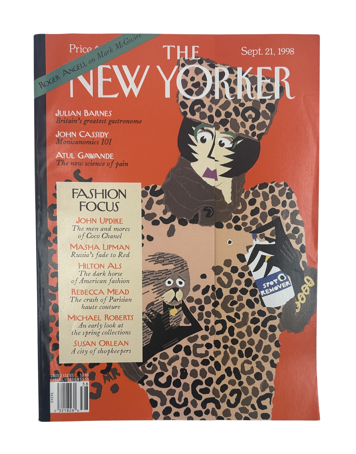 The New Yorker Magazine September 21, 1998 Fashion Leopard Coat Michael Roberts Cover VG, front cover featuring an illustrated woman in a leopard-print coat.