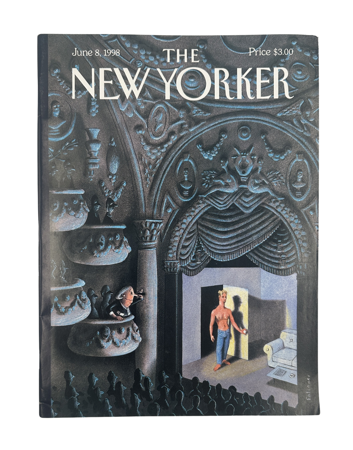 The New Yorker Magazine June 8, 1998 Theater Stage Spotlight Ian Falconer Cover VG, featuring an illustrated theater stage with ornate curtains, audience, and performer