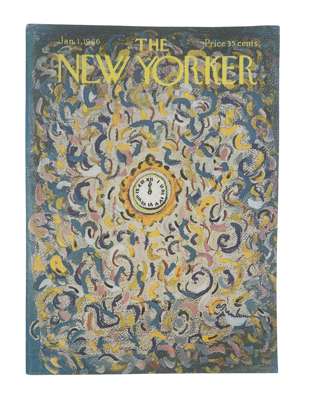The New Yorker Magazine January 1, 1966 New Year Clock Confetti Abe Birnbaum Cover VG, featuring a colorful confetti design, central New Year clock, and gold New Yorker title.