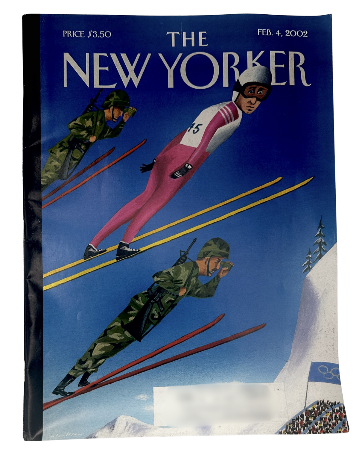 The New Yorker Magazine February 4, 2002 Olympian Security Mark Ulriksen Cover VG, featuring an illustrated winter ski jumping scene with athletes in camouflage and a pink uniform.