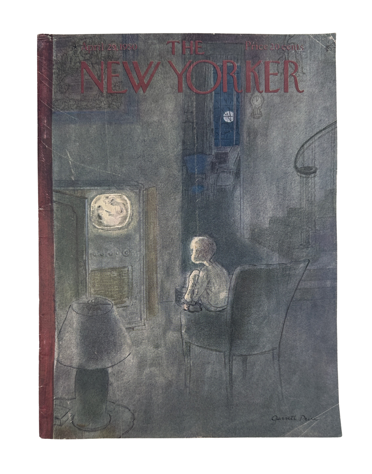 The New Yorker Magazine April 29, 1950 Child Television Garrett Price Cover, vintage magazine cover showing a child watching television in a dim room