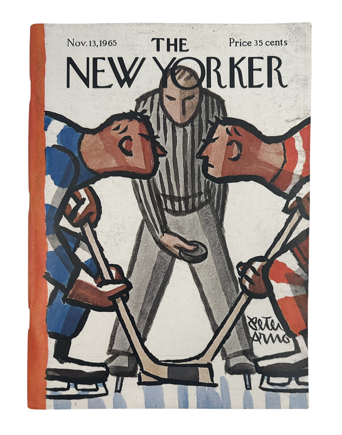 The New Yorker Magazine November 13, 1965 Hockey Faceoff Sports Peter Arno Cover featuring an illustrated hockey faceoff on the vintage magazine cover.
