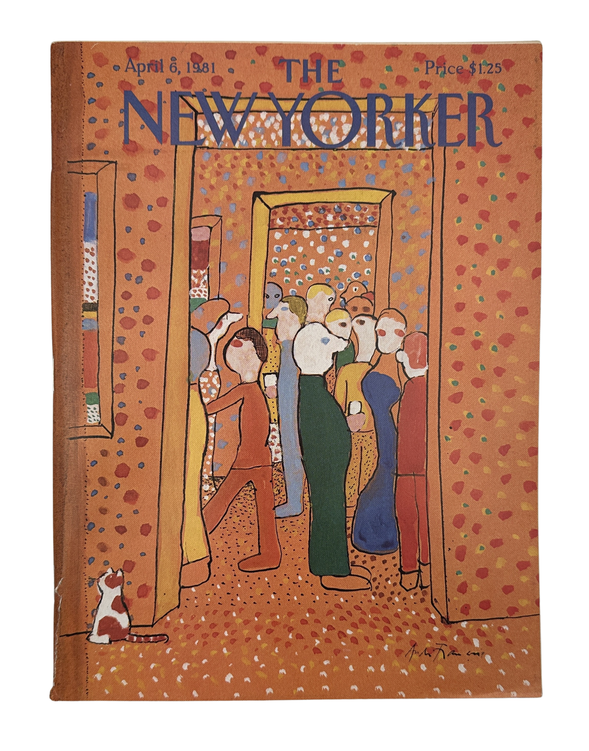The New Yorker Magazine April 6, 1981 Gallery Party André François Cover, featuring the illustrated vintage magazine cover with guests gathered at an art gallery.