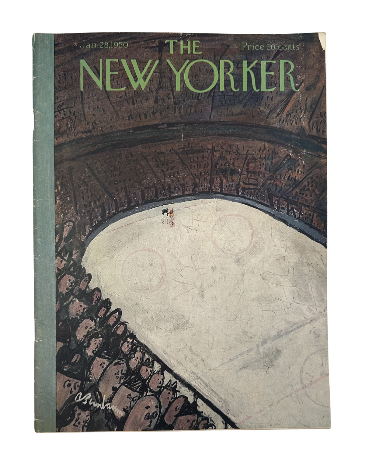 The New Yorker Magazine January 28, 1950 Hockey Rink Abe Birnbaum Cover, showing an illustrated aerial view of a hockey rink and spectators.