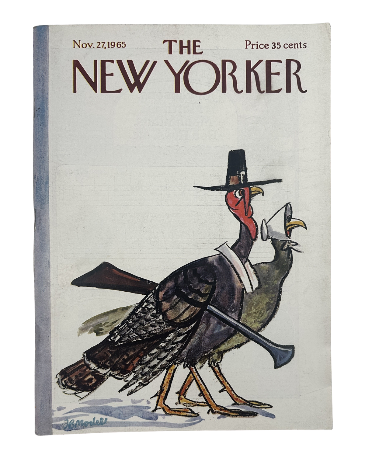 The New Yorker Magazine November 27, 1965 Thanksgiving Turkey Frank Modell Cover featuring an illustrated turkey wearing a hat and holding a trumpet.