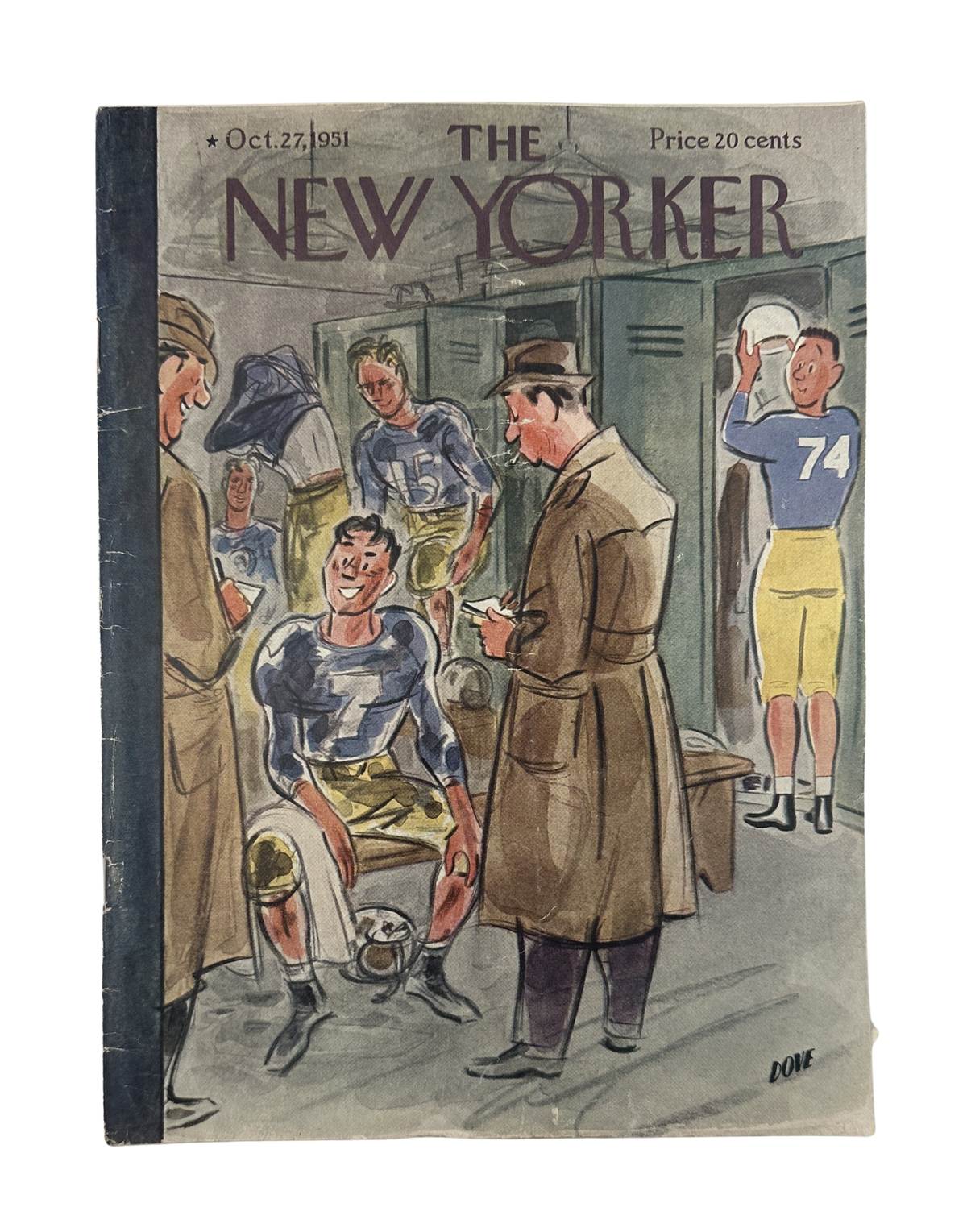 The New Yorker Magazine October 27, 1951 Football Locker Room Leonard Dove Cover, featuring a football player in a locker room speaking with a reporter.