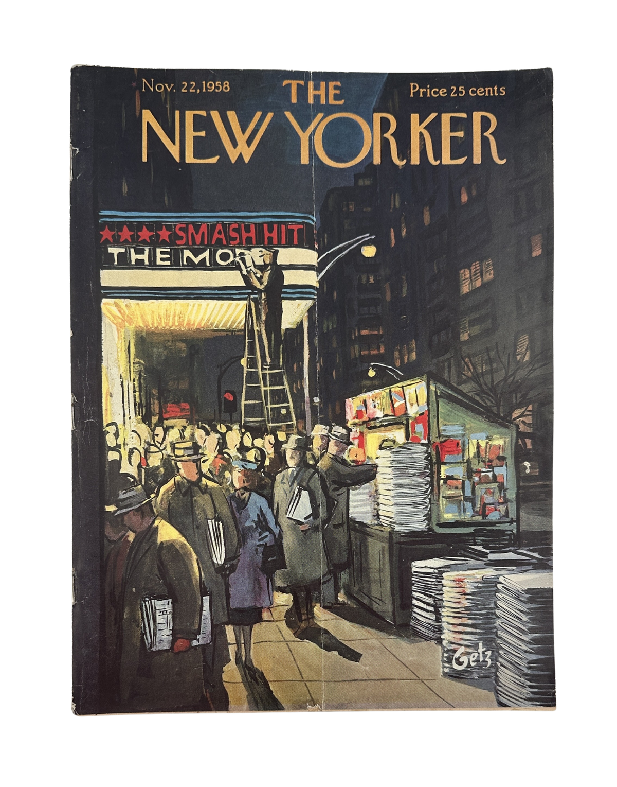The New Yorker Magazine November 22, 1958 Theater Newsstand Arthur Getz Cover, featuring a busy city theater newsstand and marquee illustration.