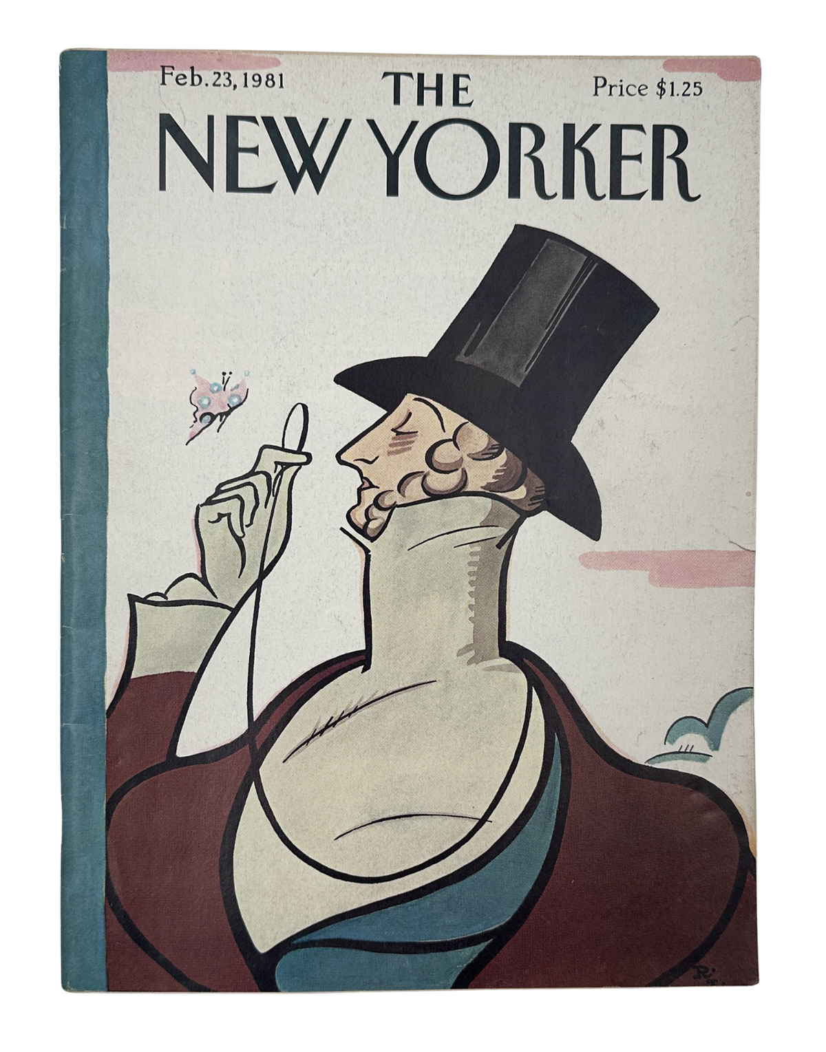 The New Yorker Magazine February 23, 1981 Top-Hatted Gentleman Portrait Rea Irvin Cover, featuring a vintage illustrated gentleman in a tall black top hat and coat.