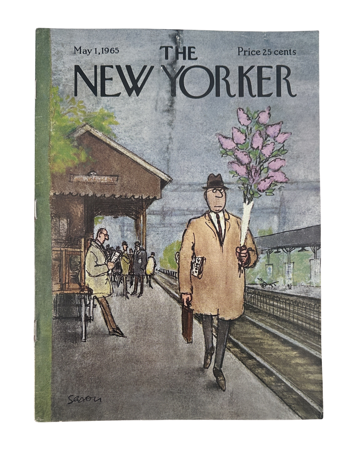 The New Yorker Magazine May 1, 1965 Train Station Spring Flowers Charles Saxon Cover, featuring a commuter on a train platform with spring blossoms and a station scene.