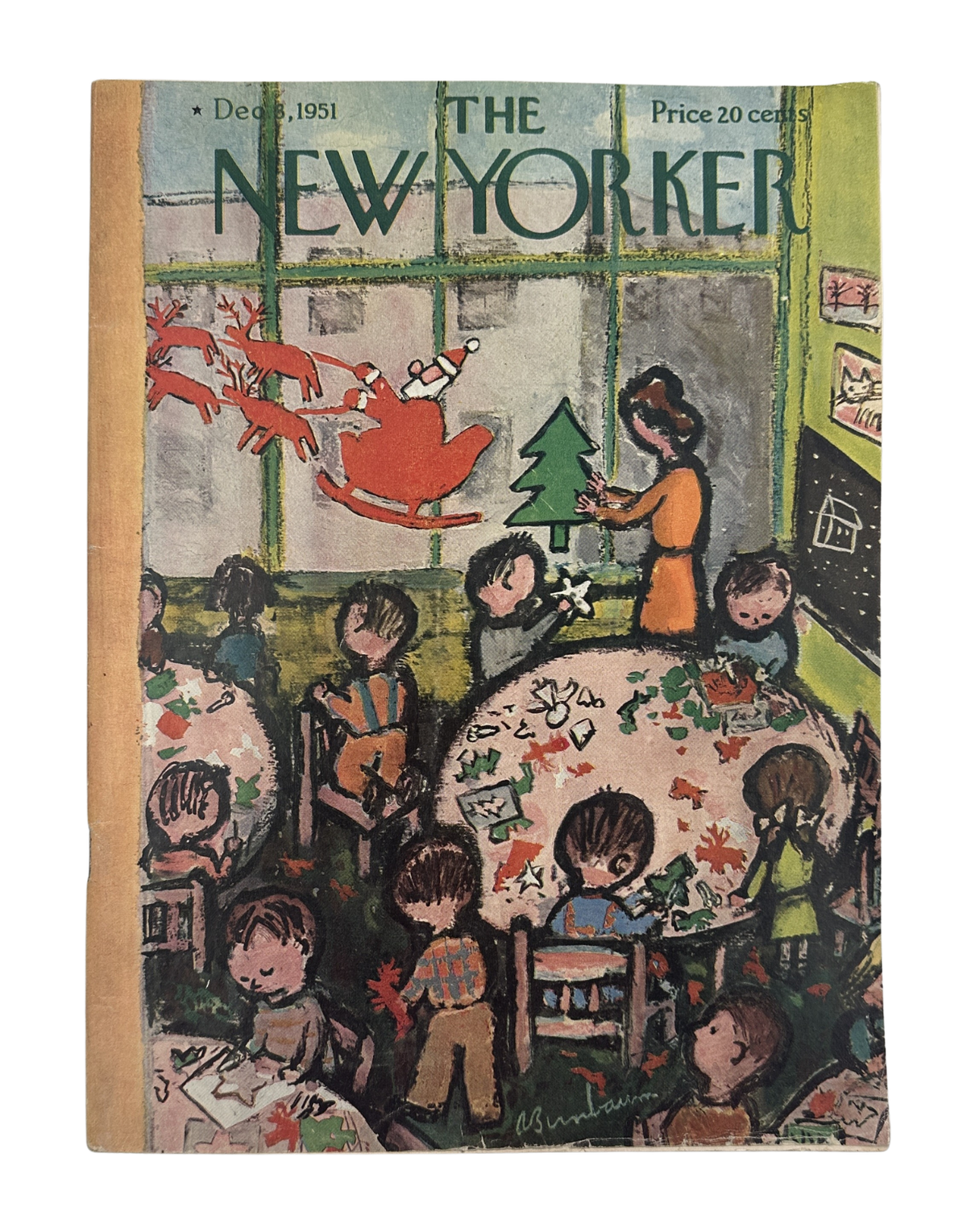 The New Yorker Magazine December 8, 1951 Christmas Classroom Abe Birnbaum Cover featuring children decorating a Christmas tree and Santa Claus flying overhead