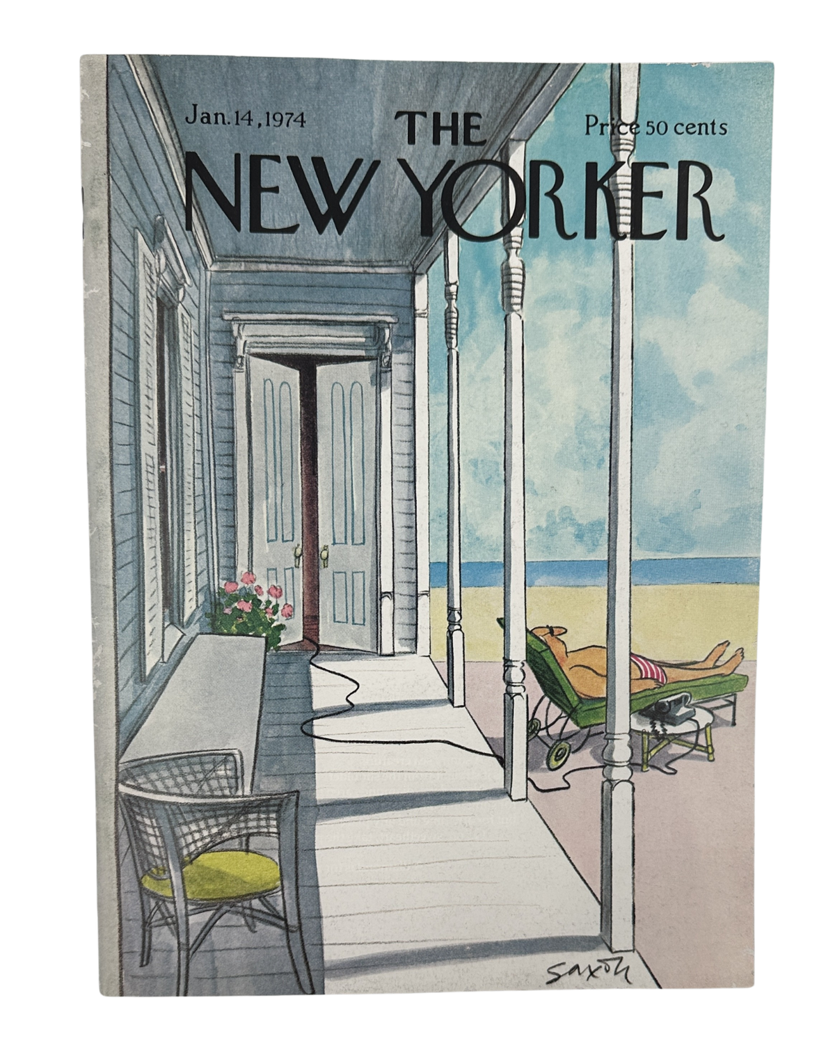 The New Yorker Magazine January 14, 1974 Beach Porch Sunbather Charles Saxon Cover VG, featuring a seaside porch with a reclining sunbather, wicker chair, ocean view, and vintage illustrated cover design.