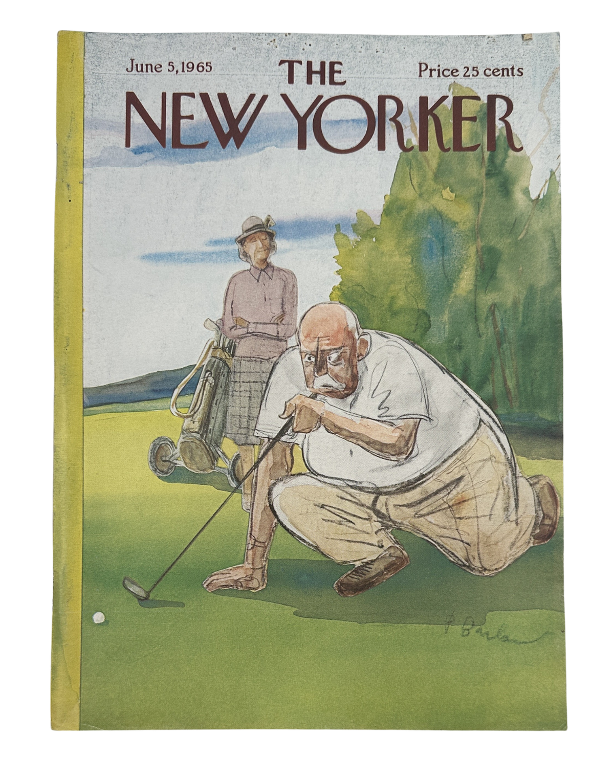 The New Yorker Magazine June 5, 1965 Golf Course Putting Perry Barlow Cover featuring a golfer putting on a golf course with a caddie in the background