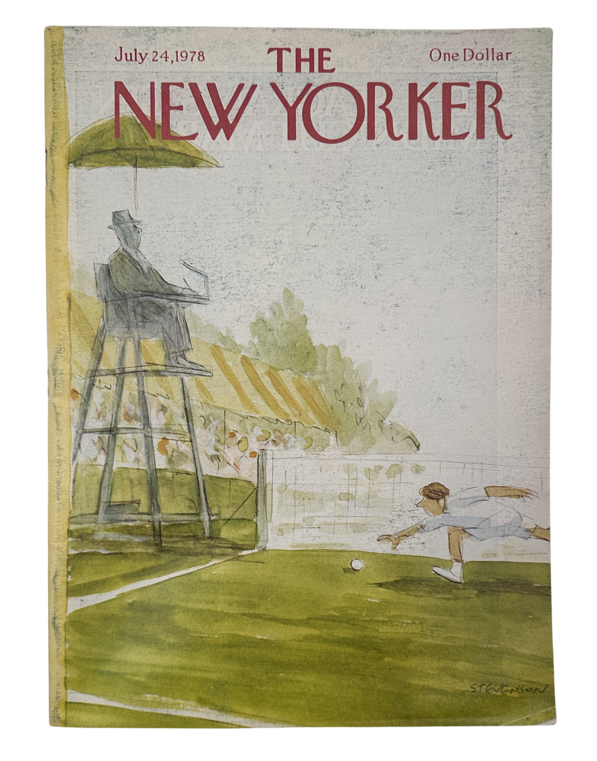 The New Yorker Magazine July 24, 1978 Tennis Court James Stevenson Cover featuring an illustrated tennis court scene with players, umpire chair, and umbrella