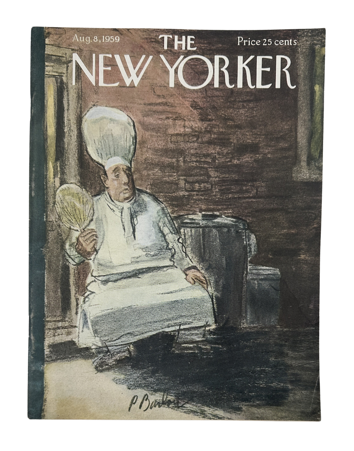 The New Yorker Magazine August 8, 1959 Chef Kitchen Perry Barlow Cover, featuring an illustrated chef holding a whisk in a kitchen